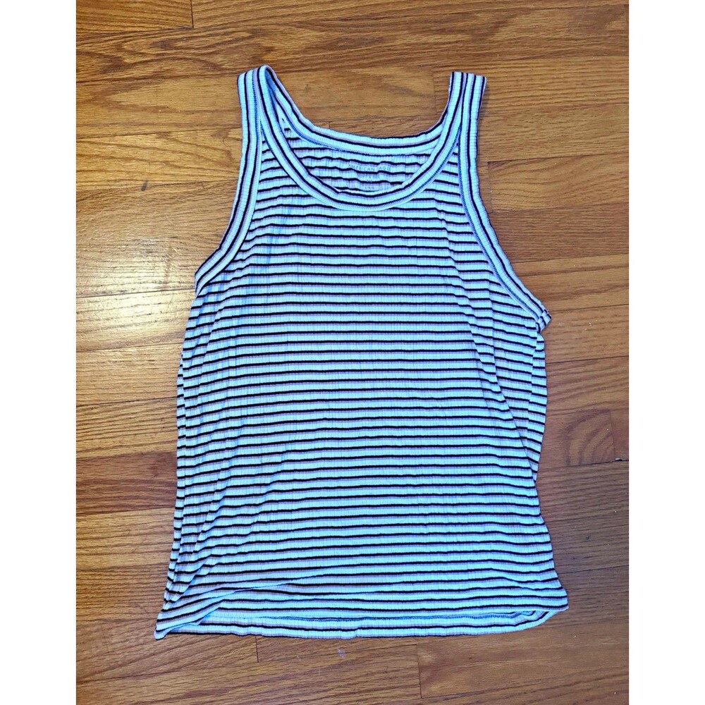 American Eagle White Black Striped Ribbed Knit Scoop Neck Tank Top L Stretch